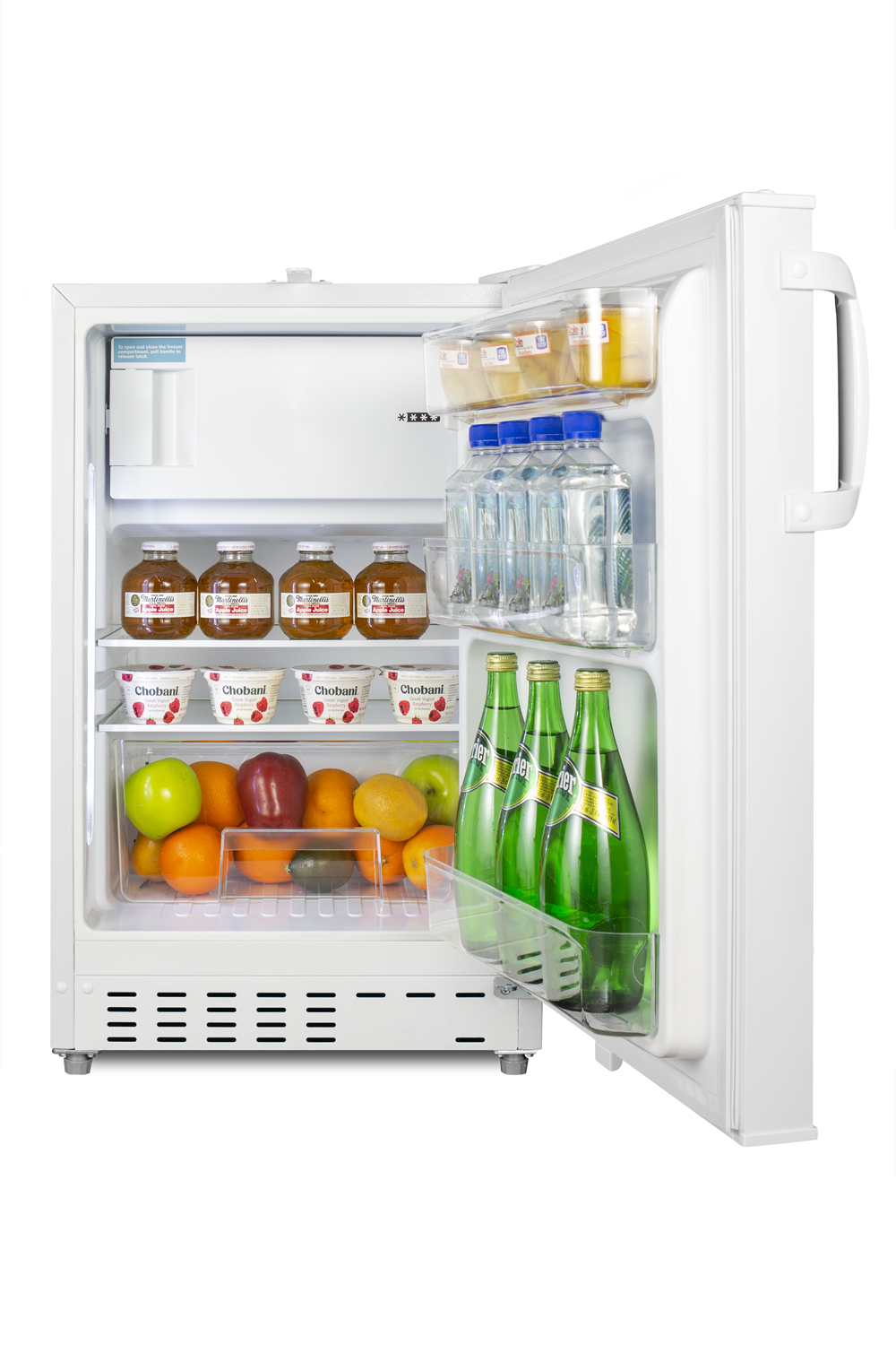 Built-in undercounter, ADA compliant refrigerator-freezer in white, designed for general purpose storage, manual defrost with glass shelves, front lock, and door storage